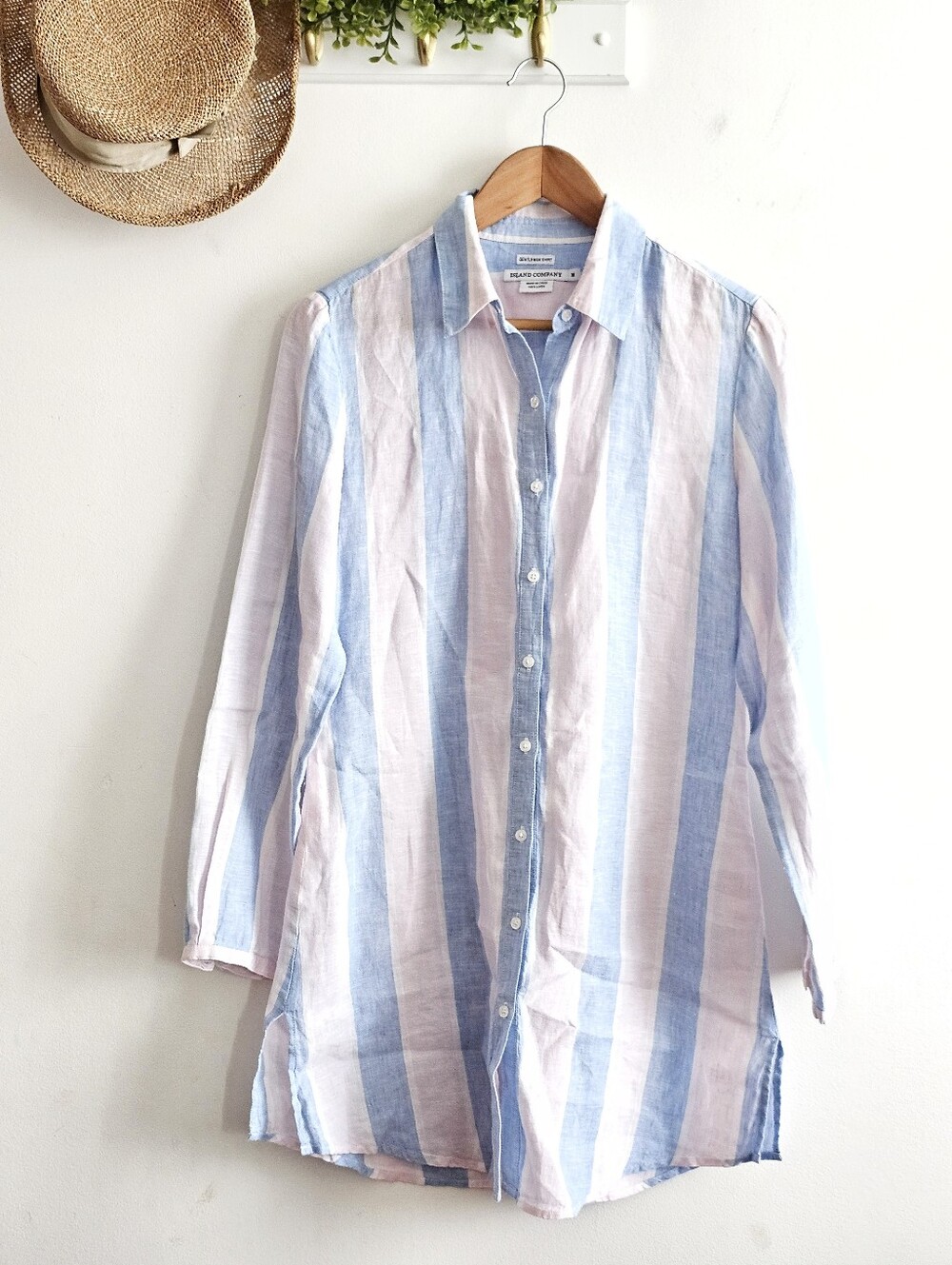 Island Company Gentleman Shirt M 100% Linen Striped Longline Tunic Coastal